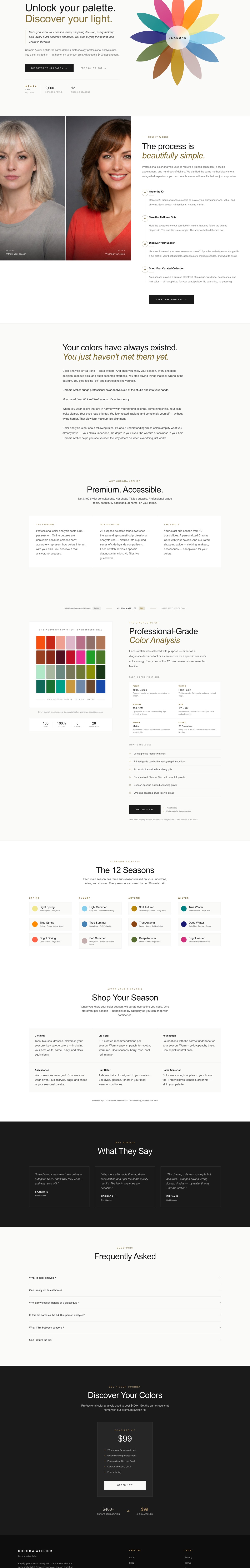 The Chroma Atelier homepage, from the season wheel hero through the process, the diagnostic kit, the 12 seasons and the shop