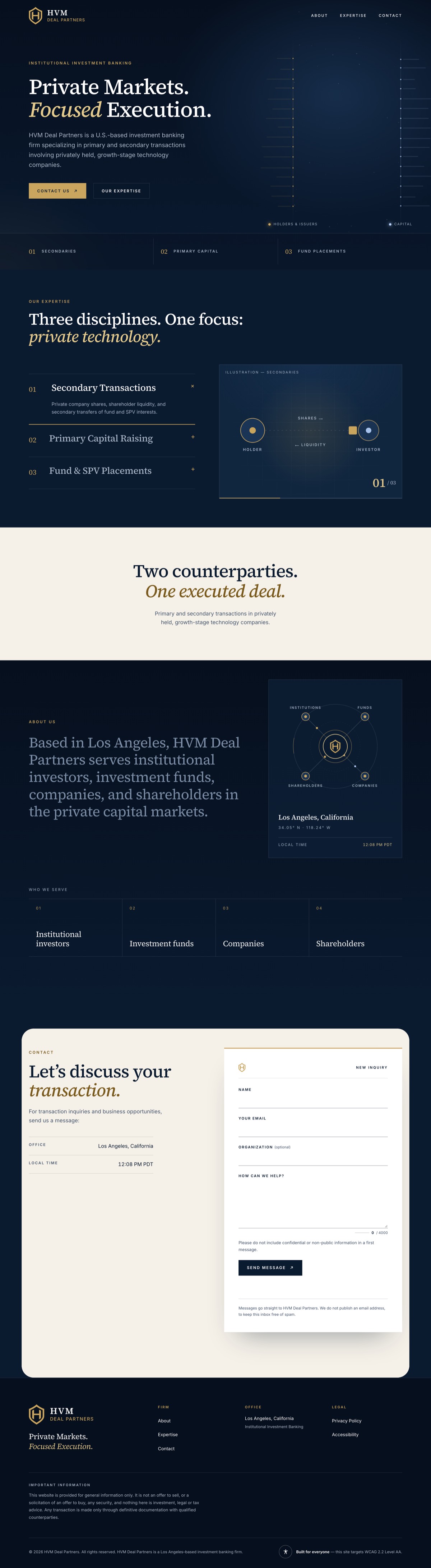 Full HVM Deal Partners homepage, from the navy hero through expertise, about, the ivory contact panel and the footer