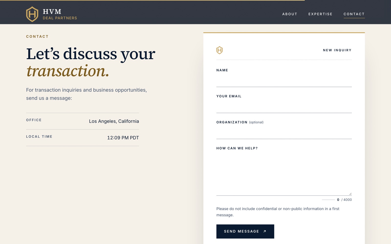 Contact section: Let's discuss your transaction, beside a white inquiry form with name, email, organization and message fields
