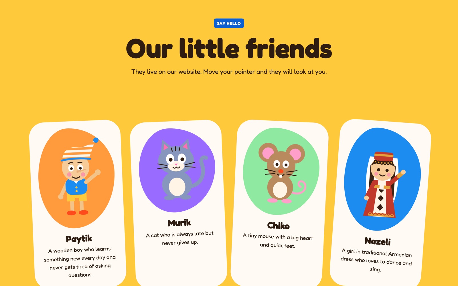 Our little friends section with four mascot cards: Paytik, Murik, Chiko and Nazeli