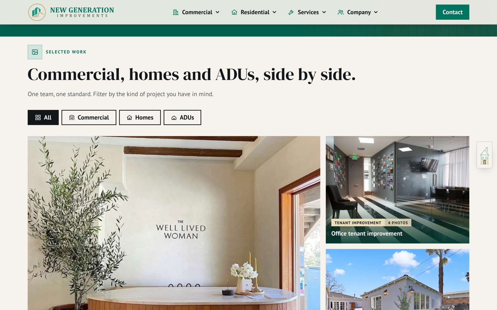 Selected work grid with filters for commercial, homes and ADUs