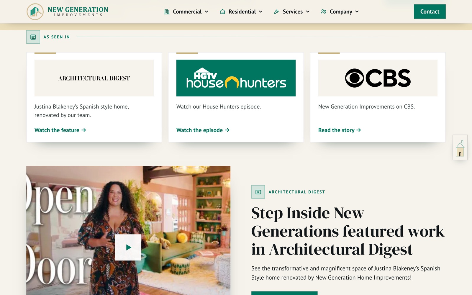 As seen in strip with Architectural Digest, HGTV House Hunters and CBS, above a featured video