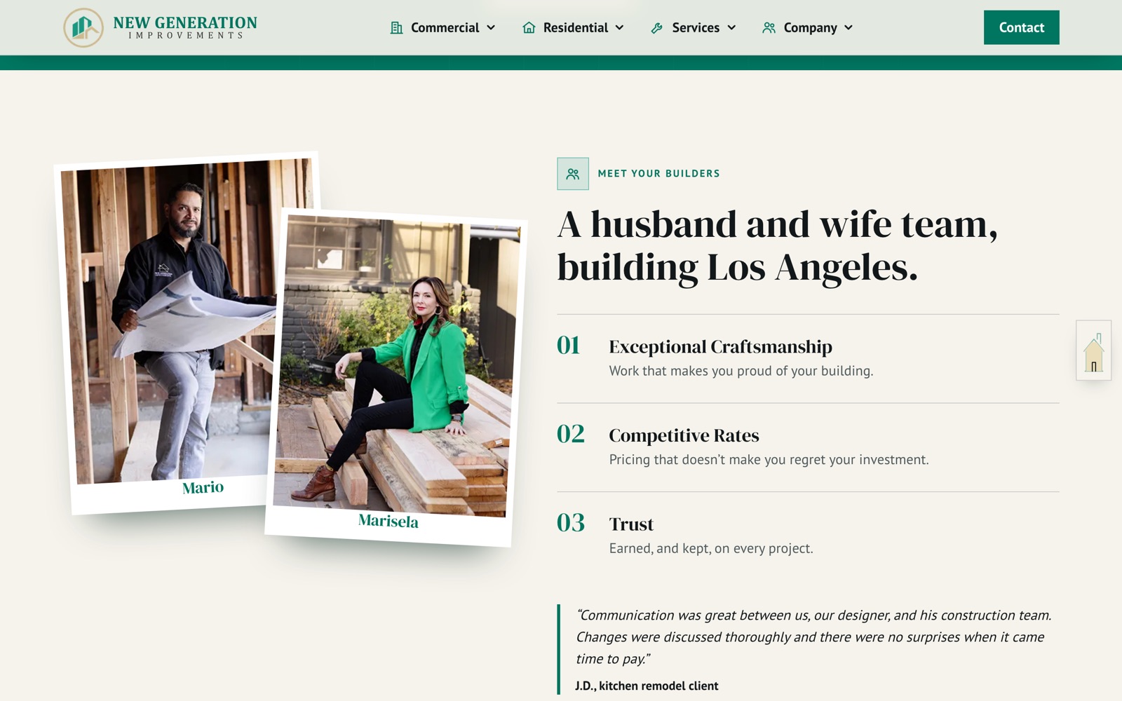 Meet your builders section with polaroid-style photos of Mario and Marisela and three principles