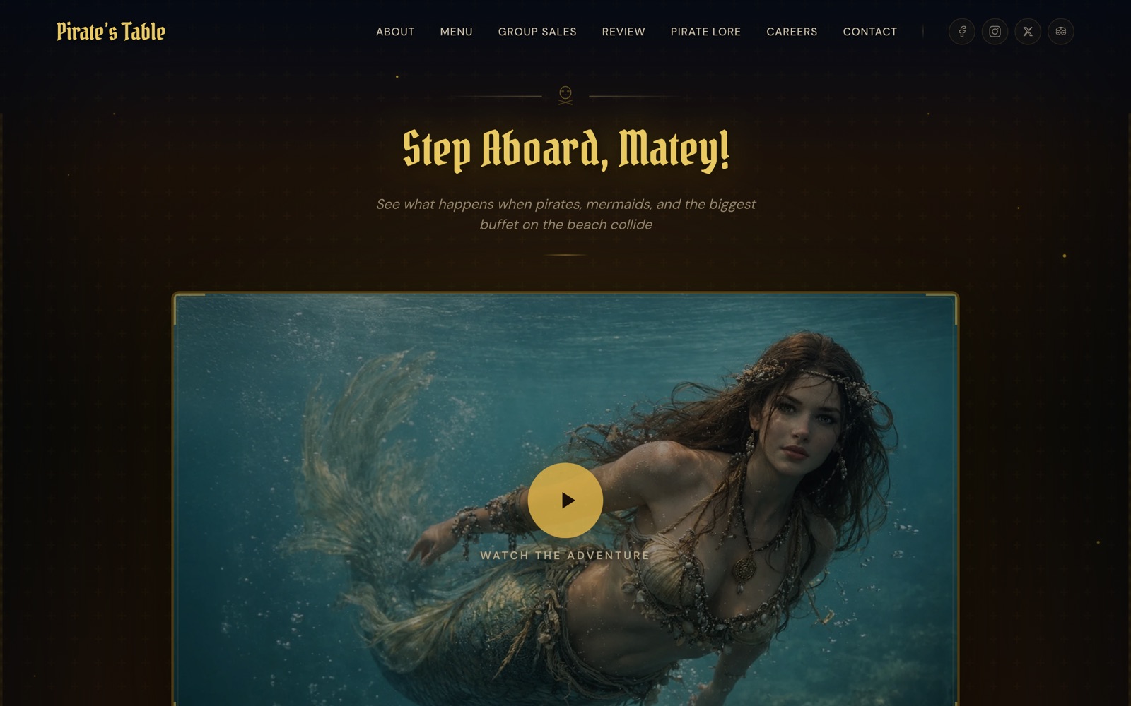 Step Aboard section with an underwater mermaid video and a gold play button