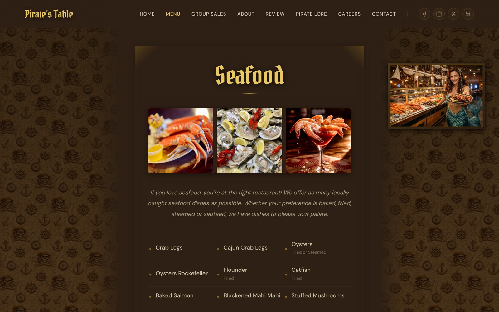 Menu page Seafood card with crab legs, oysters and shrimp on a dark anchor-pattern background