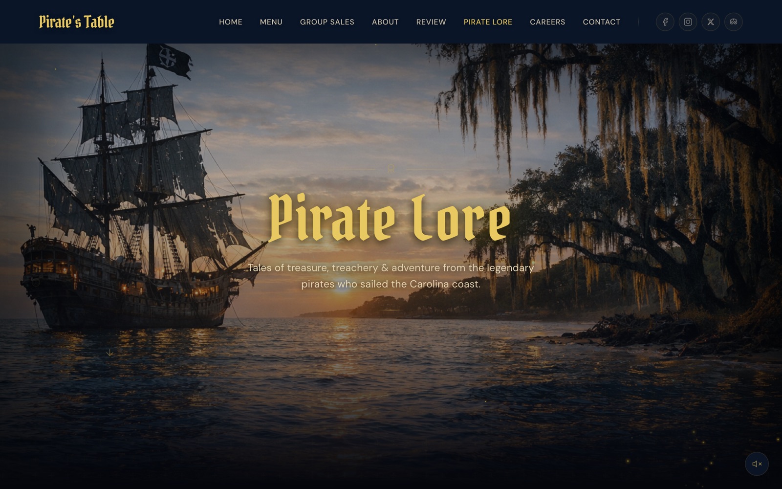 Pirate Lore page hero with a pirate ship at dusk beneath moss-draped oaks