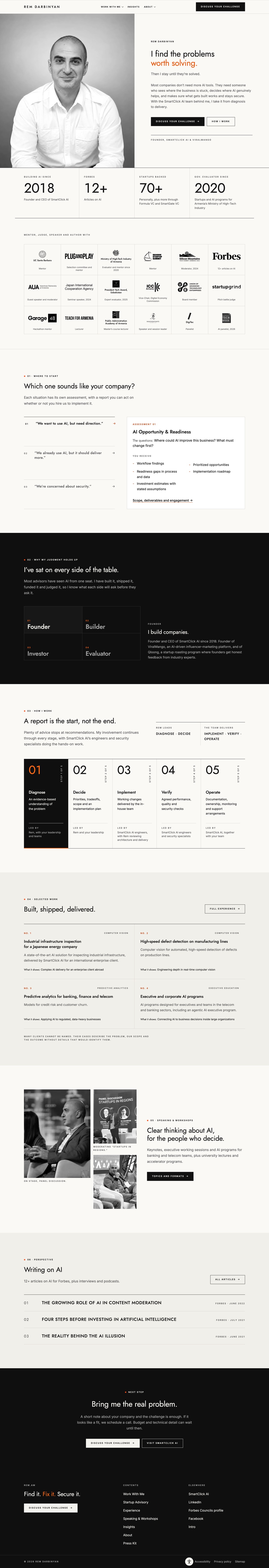 Full rem.am homepage: portrait hero, key figures, the organizations grid, assessments, the dark every-side-of-the-table section, the five-step process, selected work, speaking, Forbes articles and footer
