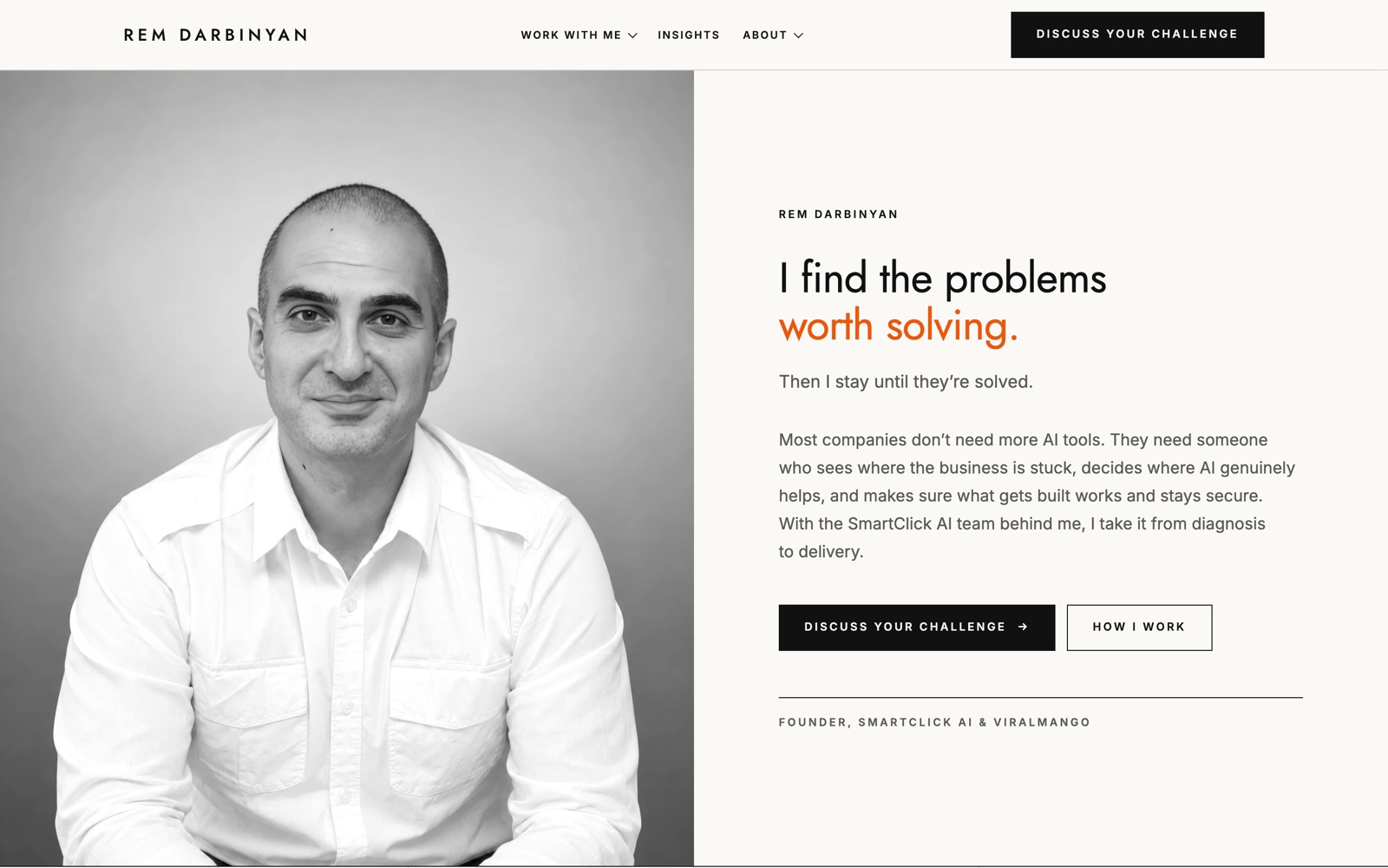 rem.am homepage: a black-and-white portrait of Rem Darbinyan on the left, and on the right the headline I find the problems worth solving with the last words in orange