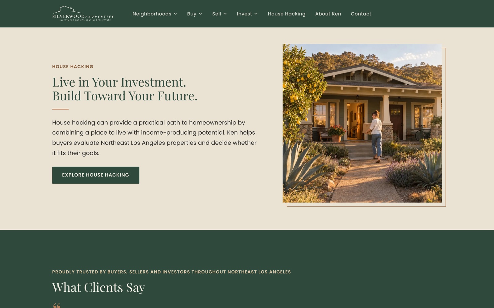 House hacking section: Live in Your Investment. Build Toward Your Future., beside a photo of a craftsman home