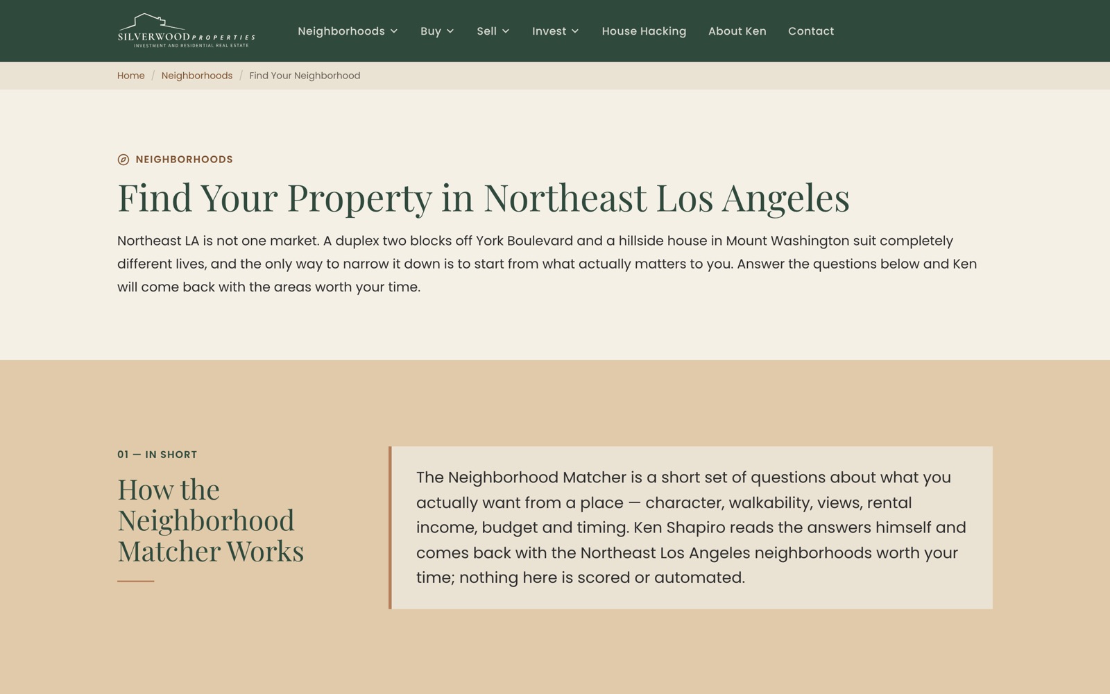 Neighborhood Matcher page: Find Your Property in Northeast Los Angeles, with an explanation of how the matcher works