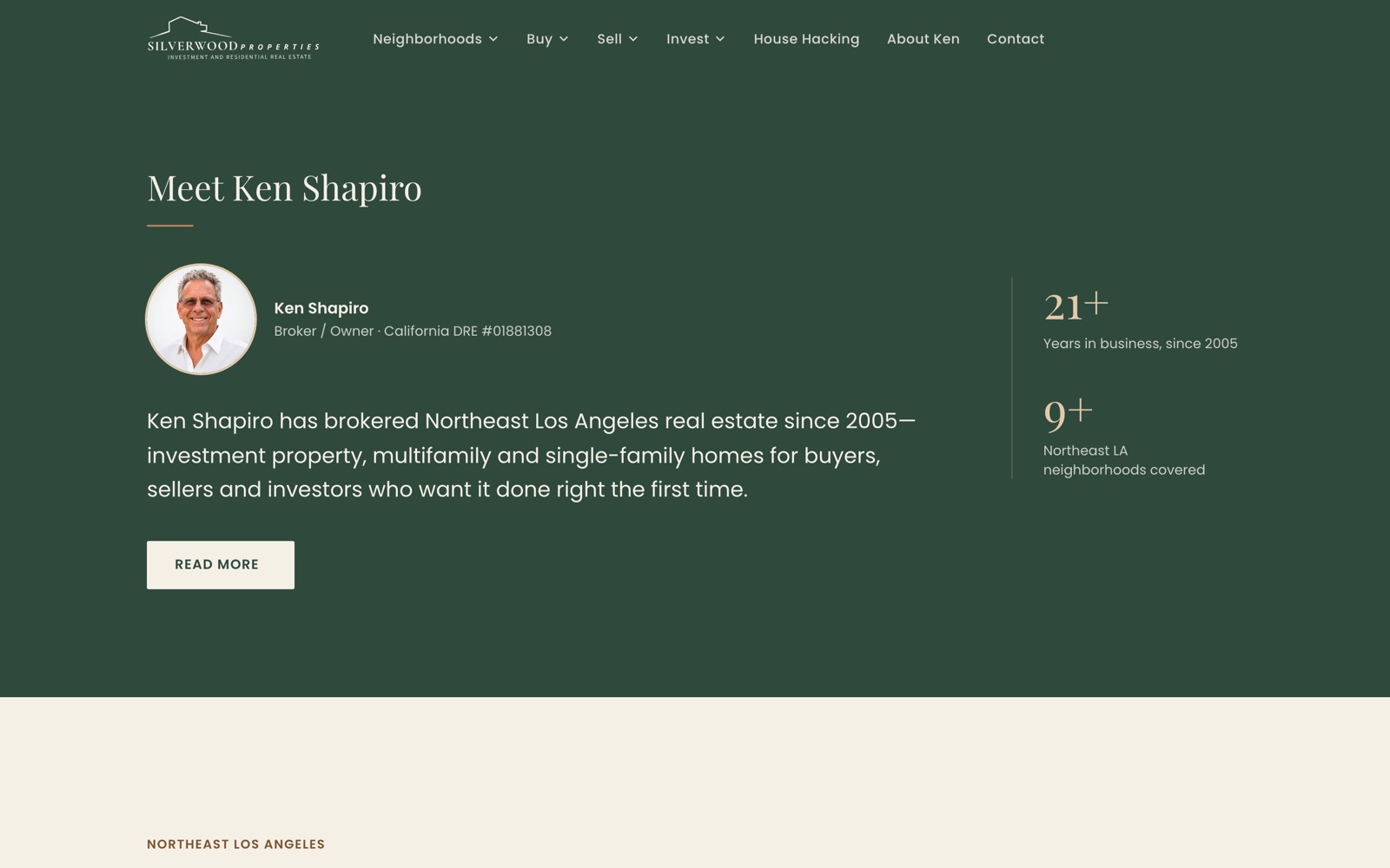 Meet Ken Shapiro section on forest green, with his portrait, bio and figures for years in business and neighborhoods covered