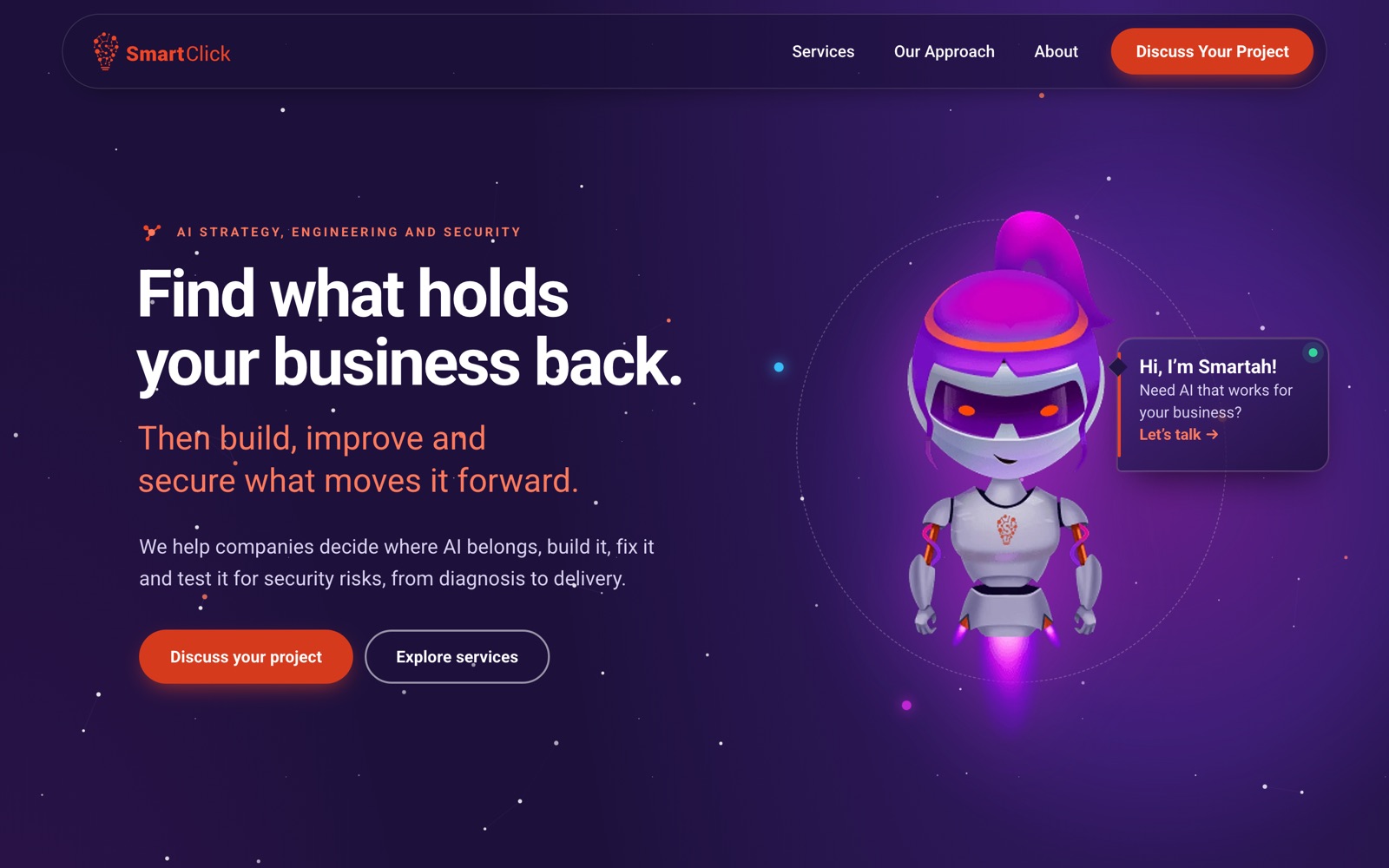 SmartClick homepage hero on a deep purple starfield, with Smartah the robot mascot and a speech bubble