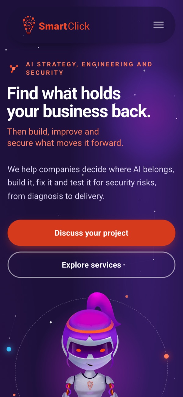 SmartClick homepage on mobile with the headline and full-width call-to-action buttons