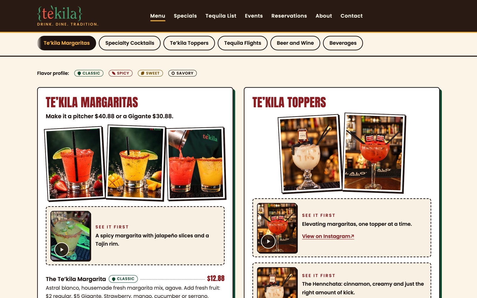 Drink menu with margarita photos, flavour-profile tags and section chips