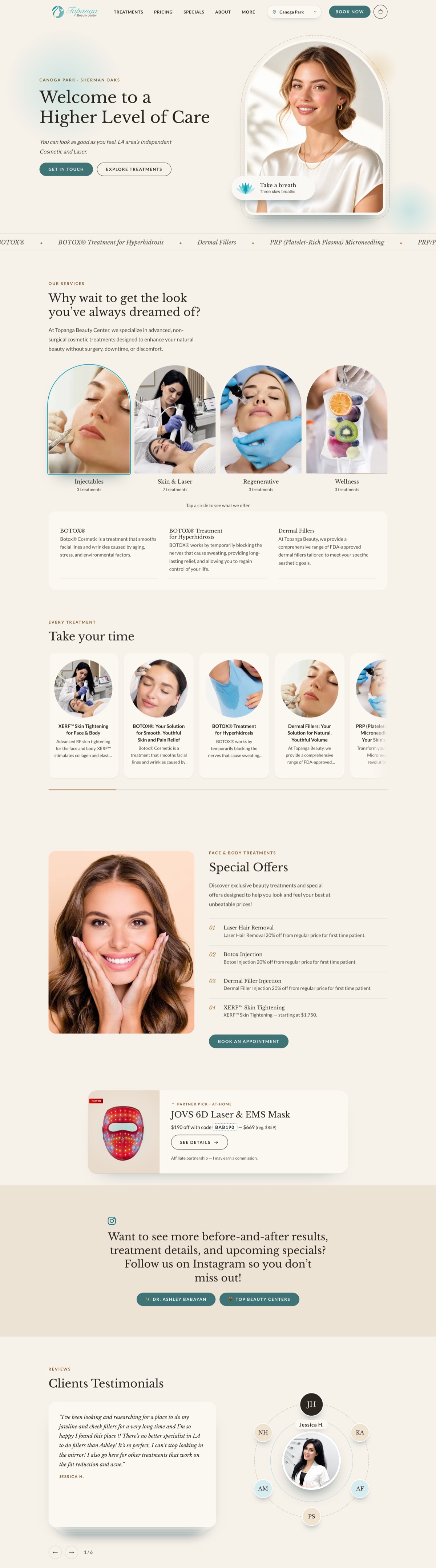 Full homepage of the Topanga Beauty Center redesign, from hero to client testimonials