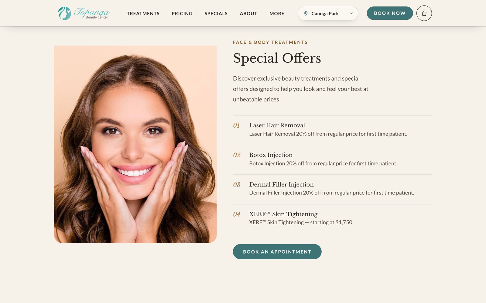 Special offers section listing four numbered new patient offers beside a portrait