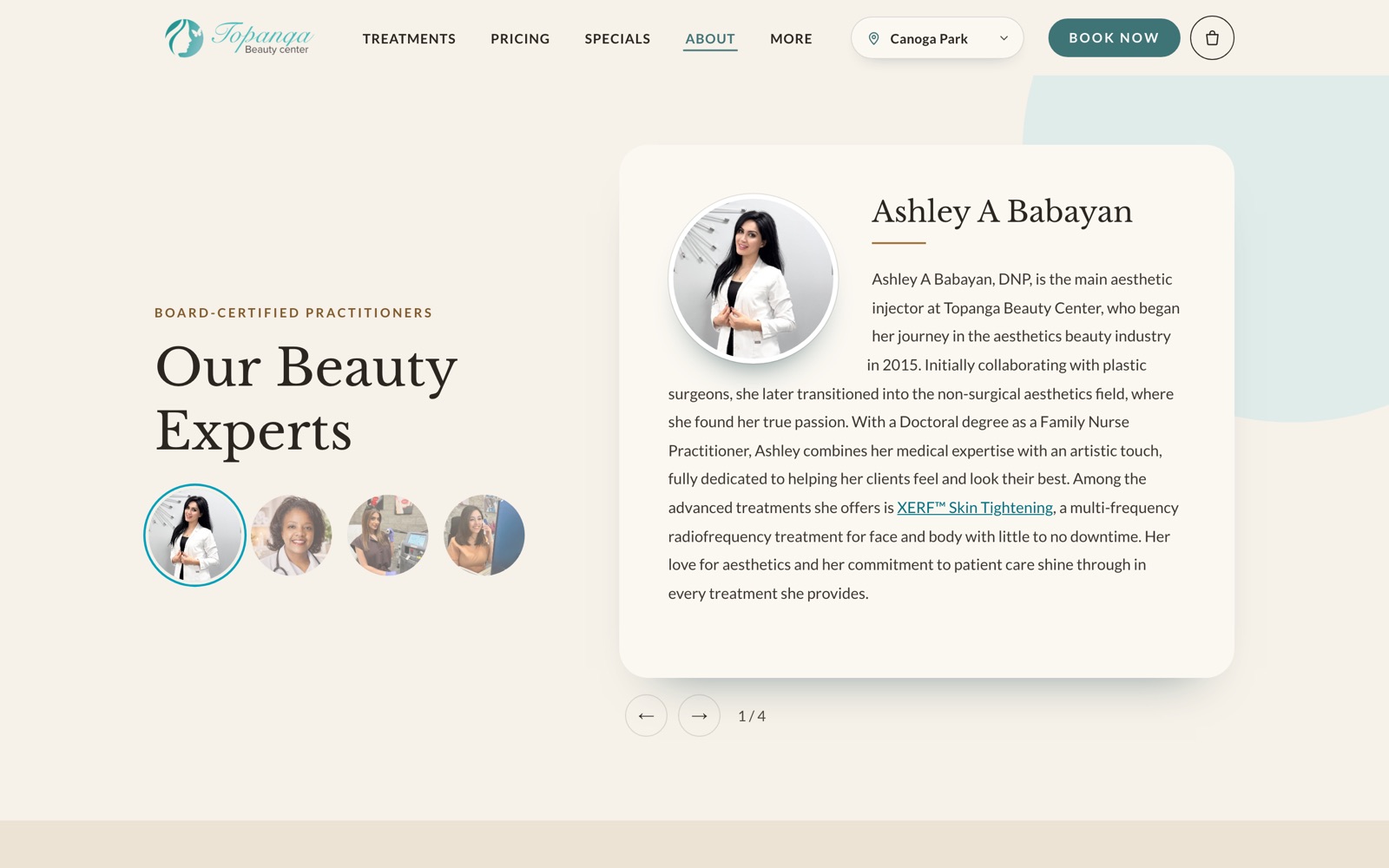 About page introducing the practitioners in a card carousel