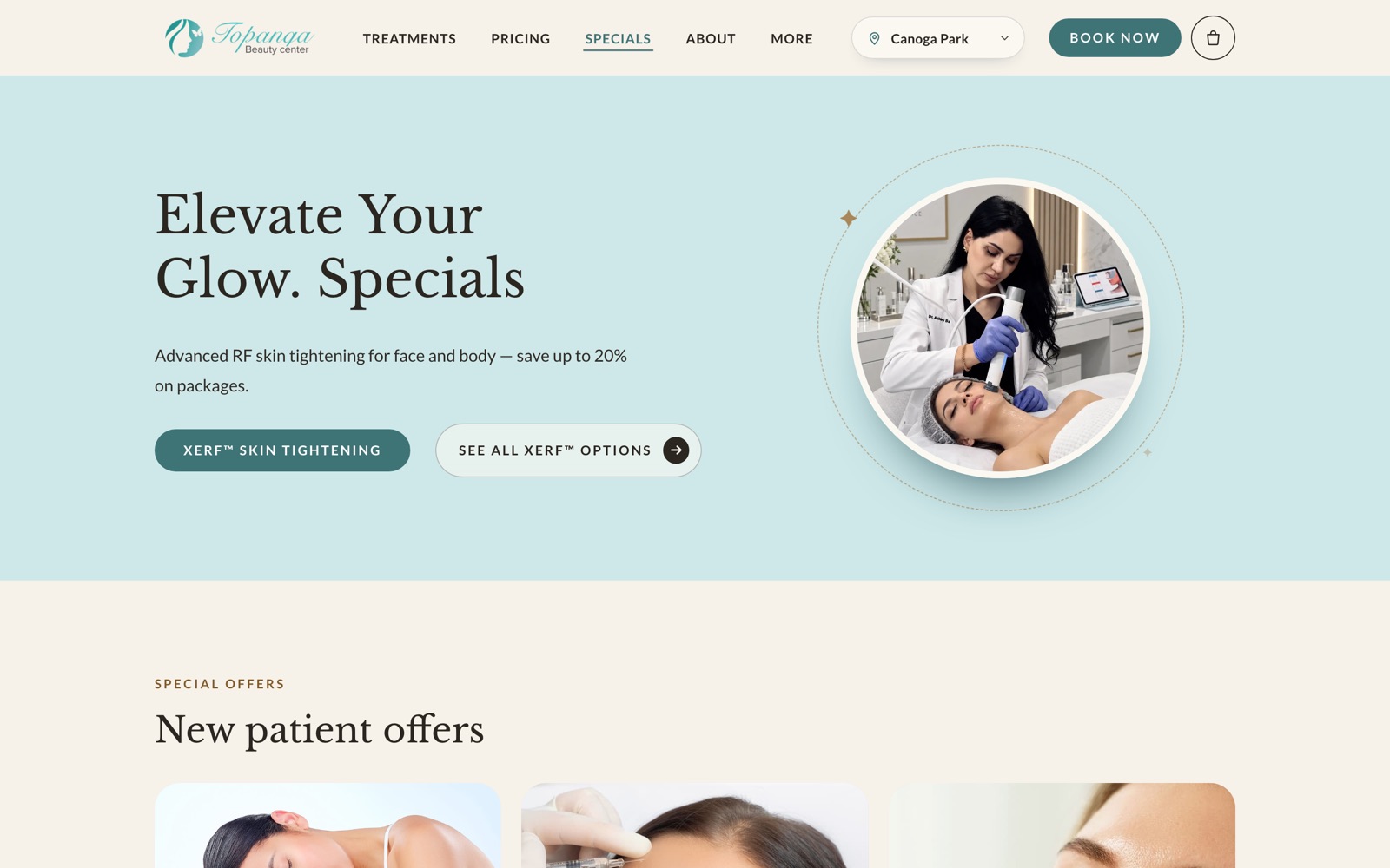 Specials page hero in pale teal with a circular treatment photo